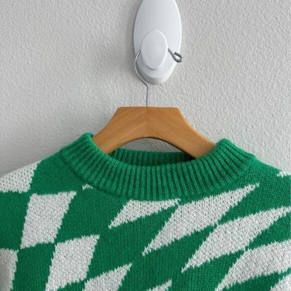 Lisa Says Gah Green Warped Psychedelic Checkered Cropped Sweater Sz XS/S - Picture 6 of 7